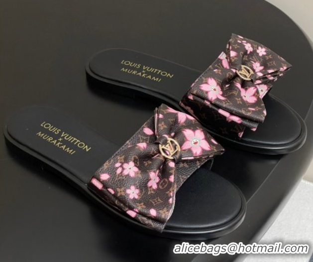 Shop Duplicate Louis Vuitton LV x TM Lily Flat Slides Sandal with Bow in Cherry Bloom Print Classic Monogram Canvas 1AGV