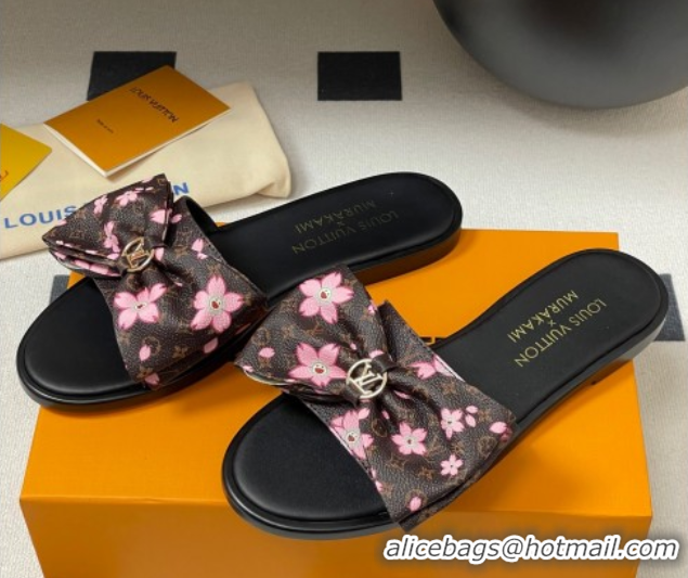 Shop Duplicate Louis Vuitton LV x TM Lily Flat Slides Sandal with Bow in Cherry Bloom Print Classic Monogram Canvas 1AGV
