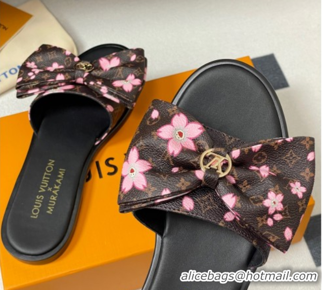 Shop Duplicate Louis Vuitton LV x TM Lily Flat Slides Sandal with Bow in Cherry Bloom Print Classic Monogram Canvas 1AGV