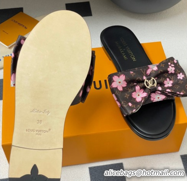 Shop Duplicate Louis Vuitton LV x TM Lily Flat Slides Sandal with Bow in Cherry Bloom Print Classic Monogram Canvas 1AGV