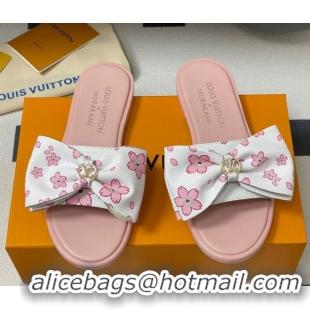 Classic Hot Louis Vuitton LV x TM Lily Flat Slides Sandal with Bow in Cherry Bloom Print Leather White/Pink 1AGVYB