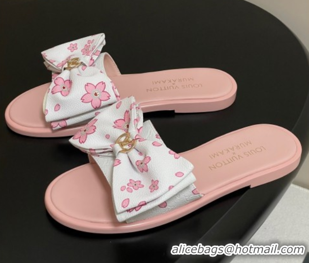 Classic Hot Louis Vuitton LV x TM Lily Flat Slides Sandal with Bow in Cherry Bloom Print Leather White/Pink 1AGVYB