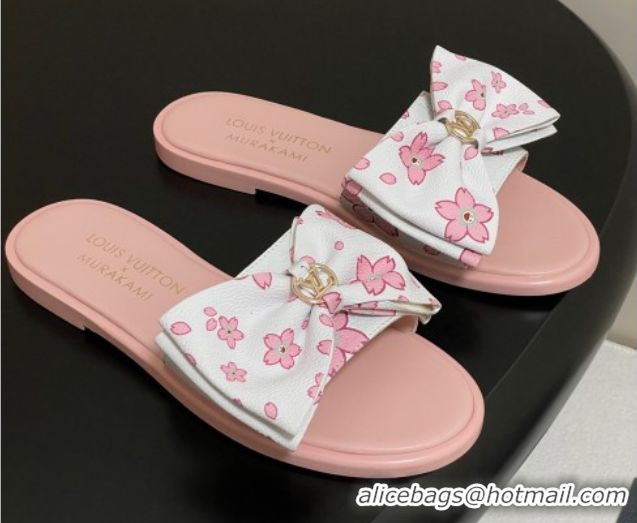 Classic Hot Louis Vuitton LV x TM Lily Flat Slides Sandal with Bow in Cherry Bloom Print Leather White/Pink 1AGVYB