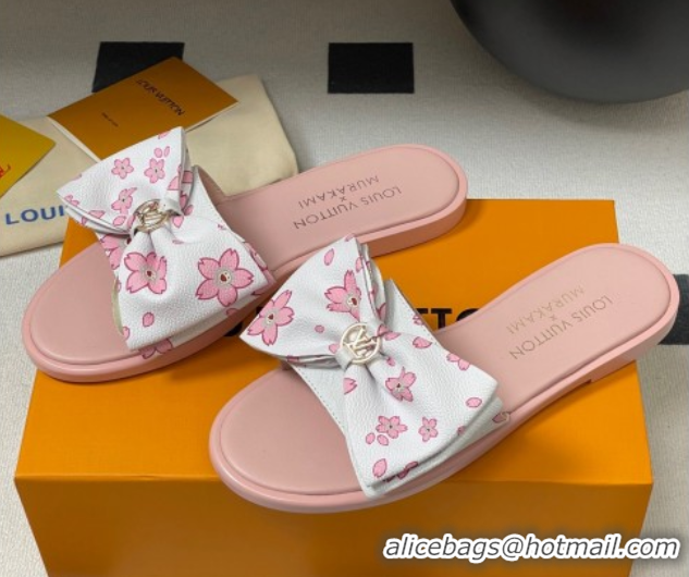 Classic Hot Louis Vuitton LV x TM Lily Flat Slides Sandal with Bow in Cherry Bloom Print Leather White/Pink 1AGVYB