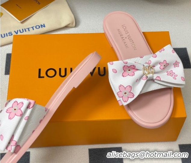 Classic Hot Louis Vuitton LV x TM Lily Flat Slides Sandal with Bow in Cherry Bloom Print Leather White/Pink 1AGVYB
