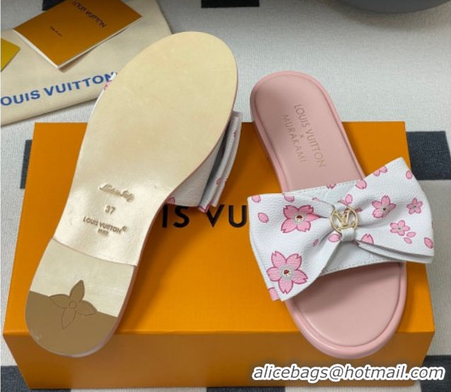 Classic Hot Louis Vuitton LV x TM Lily Flat Slides Sandal with Bow in Cherry Bloom Print Leather White/Pink 1AGVYB