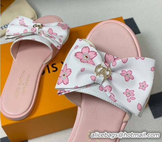 Classic Hot Louis Vuitton LV x TM Lily Flat Slides Sandal with Bow in Cherry Bloom Print Leather White/Pink 1AGVYB
