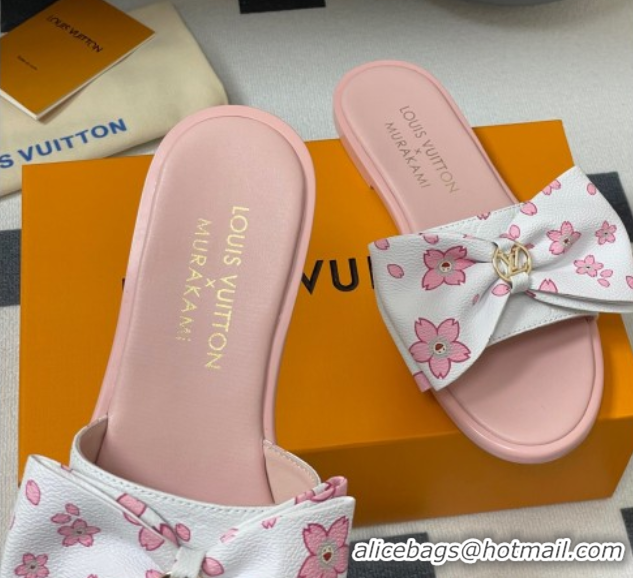 Classic Hot Louis Vuitton LV x TM Lily Flat Slides Sandal with Bow in Cherry Bloom Print Leather White/Pink 1AGVYB