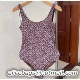 Shop Discount Fendi Logo Print One-Piece Swimwear 0313 Brown 2025