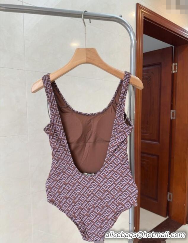 Shop Discount Fendi Logo Print One-Piece Swimwear 0313 Brown 2025