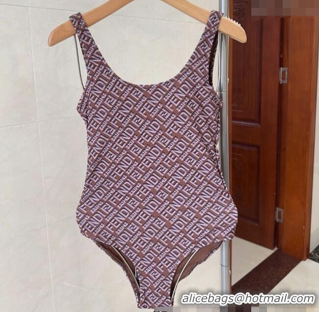 Shop Discount Fendi Logo Print One-Piece Swimwear 0313 Brown 2025