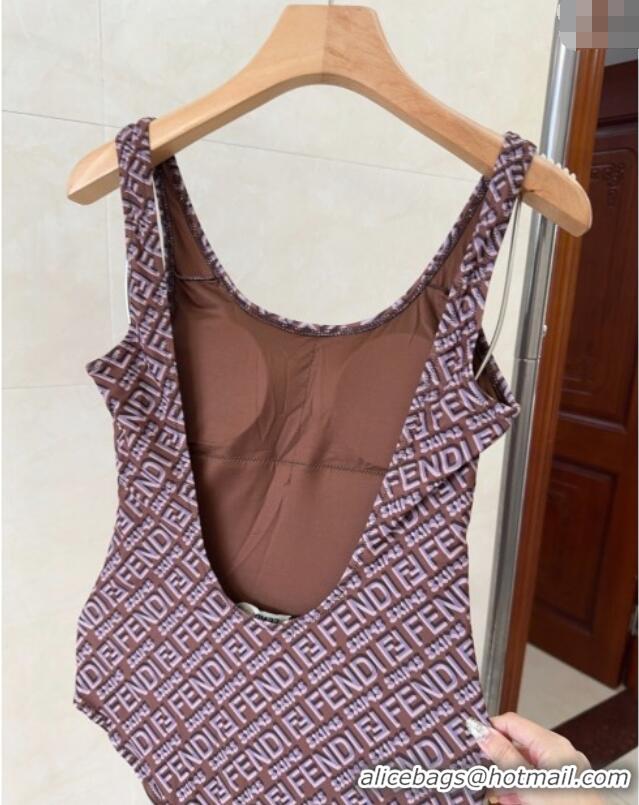 Shop Discount Fendi Logo Print One-Piece Swimwear 0313 Brown 2025