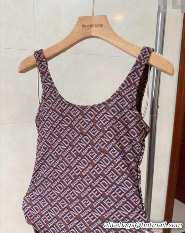 Shop Discount Fendi Logo Print One-Piece Swimwear 0313 Brown 2025