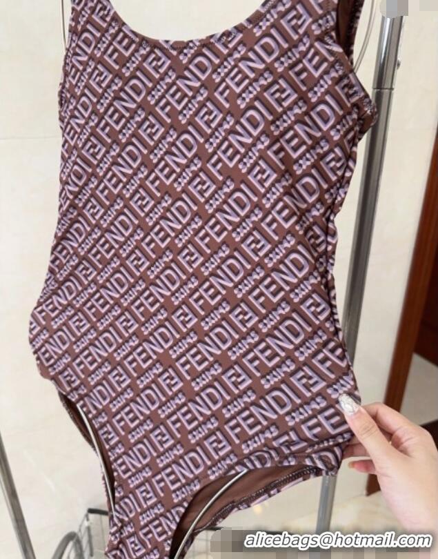 Shop Discount Fendi Logo Print One-Piece Swimwear 0313 Brown 2025