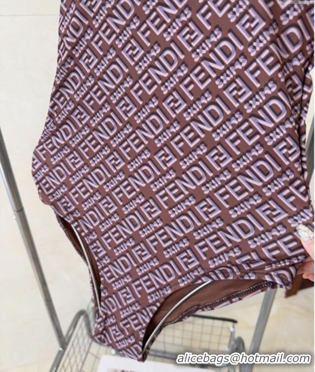 Shop Discount Fendi Logo Print One-Piece Swimwear 0313 Brown 2025