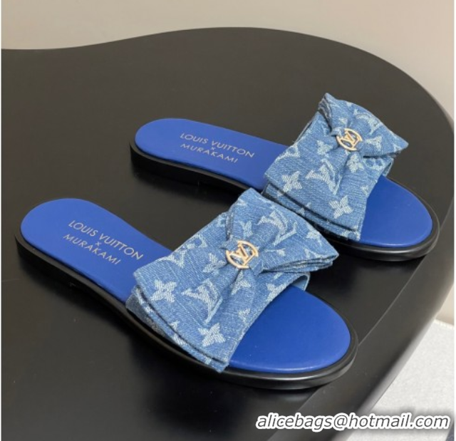 Stylish Louis Vuitton Lily Flat Slides Sandal with Bow in Monogram Denim Blue 2025 1AGVYB