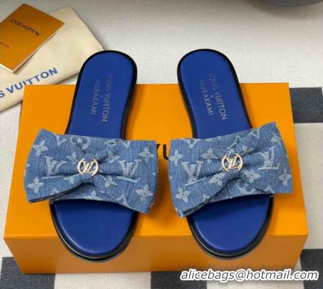 Stylish Louis Vuitton Lily Flat Slides Sandal with Bow in Monogram Denim Blue 2025 1AGVYB
