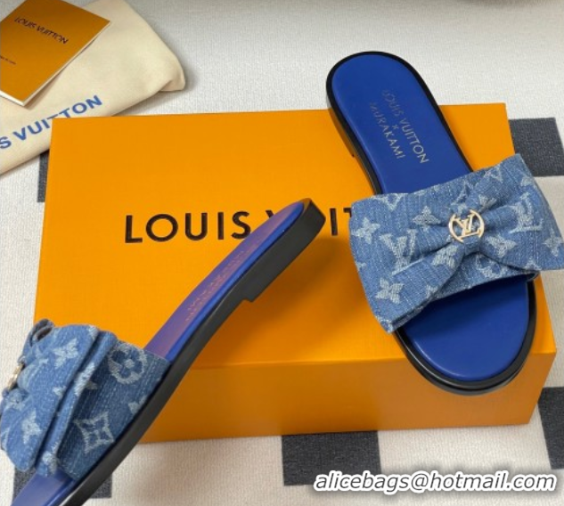 Stylish Louis Vuitton Lily Flat Slides Sandal with Bow in Monogram Denim Blue 2025 1AGVYB
