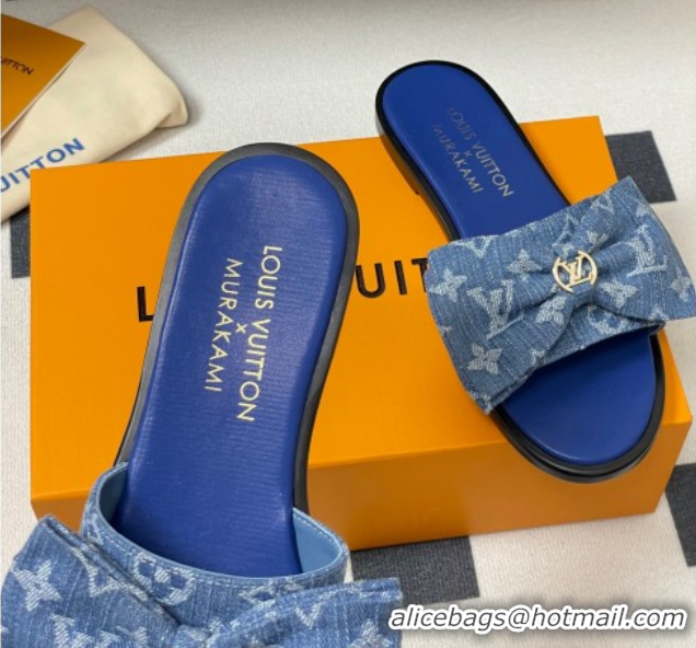 Stylish Louis Vuitton Lily Flat Slides Sandal with Bow in Monogram Denim Blue 2025 1AGVYB
