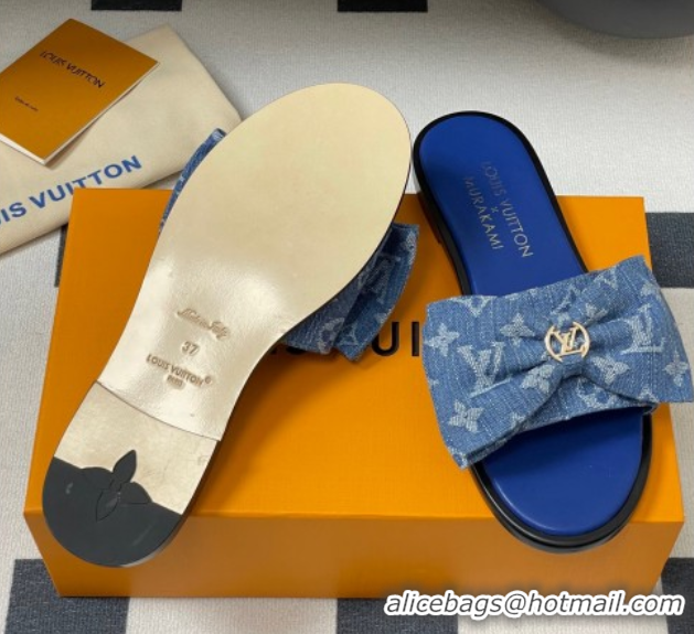 Stylish Louis Vuitton Lily Flat Slides Sandal with Bow in Monogram Denim Blue 2025 1AGVYB