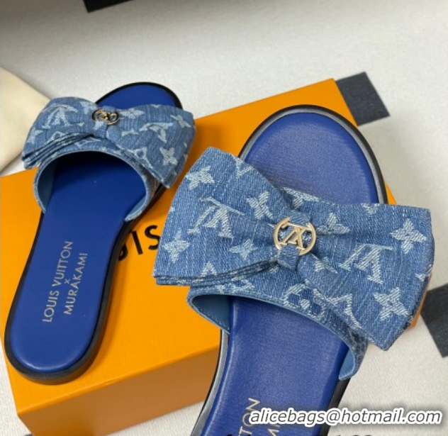 Stylish Louis Vuitton Lily Flat Slides Sandal with Bow in Monogram Denim Blue 2025 1AGVYB