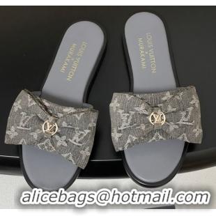 Sumptuous Louis Vuitton Lily Flat Slides Sandal with Bow in Monogram Denim Grey 2025 1AGVYB