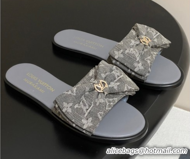 Sumptuous Louis Vuitton Lily Flat Slides Sandal with Bow in Monogram Denim Grey 2025 1AGVYB