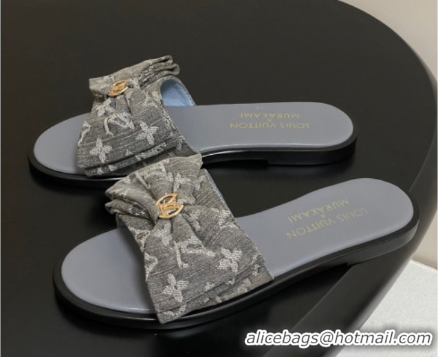 Sumptuous Louis Vuitton Lily Flat Slides Sandal with Bow in Monogram Denim Grey 2025 1AGVYB