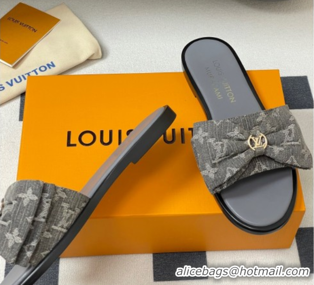 Sumptuous Louis Vuitton Lily Flat Slides Sandal with Bow in Monogram Denim Grey 2025 1AGVYB