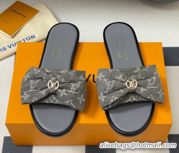 Sumptuous Louis Vuitton Lily Flat Slides Sandal with Bow in Monogram Denim Grey 2025 1AGVYB