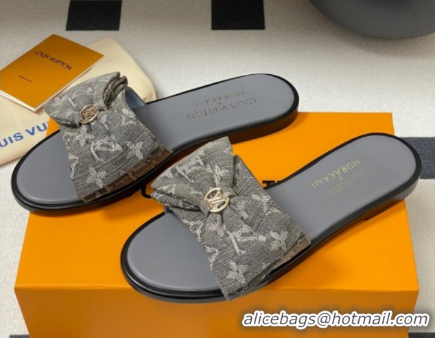 Sumptuous Louis Vuitton Lily Flat Slides Sandal with Bow in Monogram Denim Grey 2025 1AGVYB