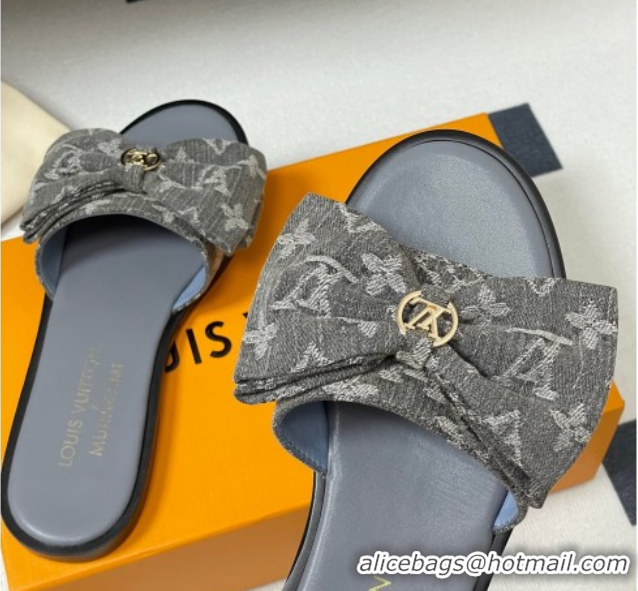 Sumptuous Louis Vuitton Lily Flat Slides Sandal with Bow in Monogram Denim Grey 2025 1AGVYB