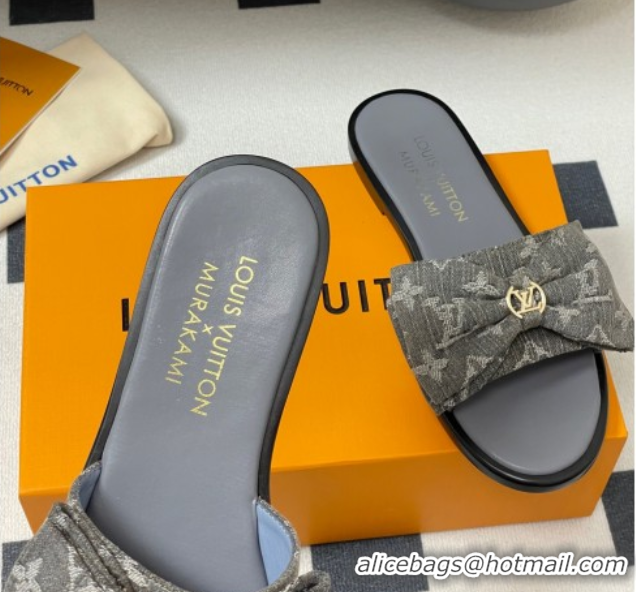 Sumptuous Louis Vuitton Lily Flat Slides Sandal with Bow in Monogram Denim Grey 2025 1AGVYB