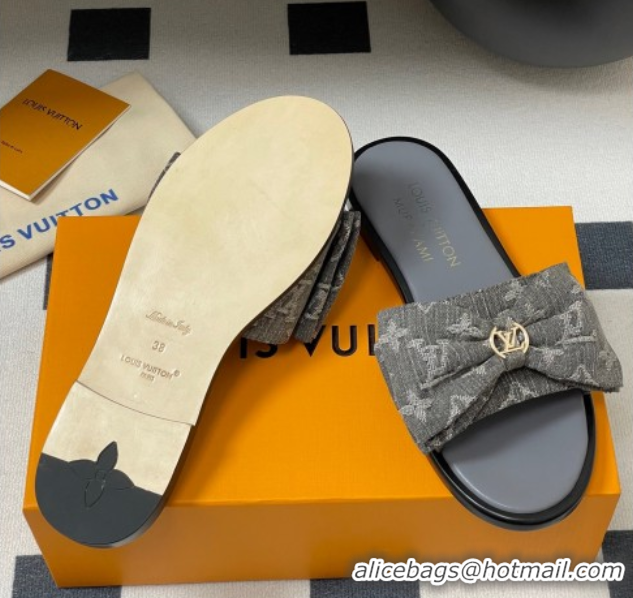 Sumptuous Louis Vuitton Lily Flat Slides Sandal with Bow in Monogram Denim Grey 2025 1AGVYB