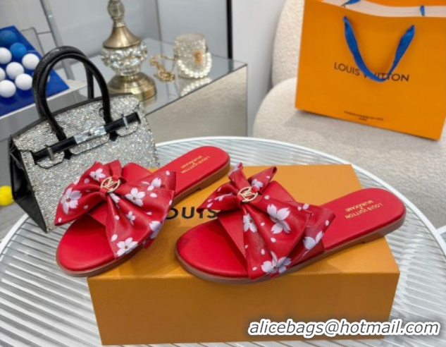 Shop Cheap Louis Vuitton LV x TM Lily Flat Slides Sandal with Bow in Cherry Bloom Print Leather Red 1AGVYB