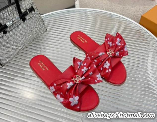 Shop Cheap Louis Vuitton LV x TM Lily Flat Slides Sandal with Bow in Cherry Bloom Print Leather Red 1AGVYB