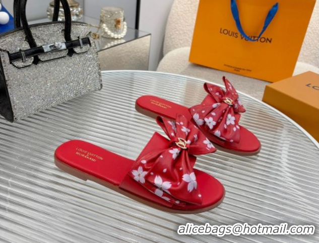 Shop Cheap Louis Vuitton LV x TM Lily Flat Slides Sandal with Bow in Cherry Bloom Print Leather Red 1AGVYB
