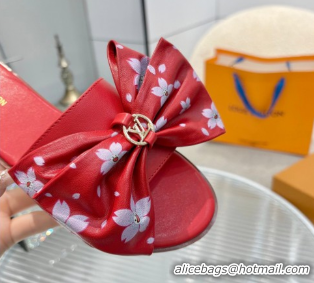 Shop Cheap Louis Vuitton LV x TM Lily Flat Slides Sandal with Bow in Cherry Bloom Print Leather Red 1AGVYB