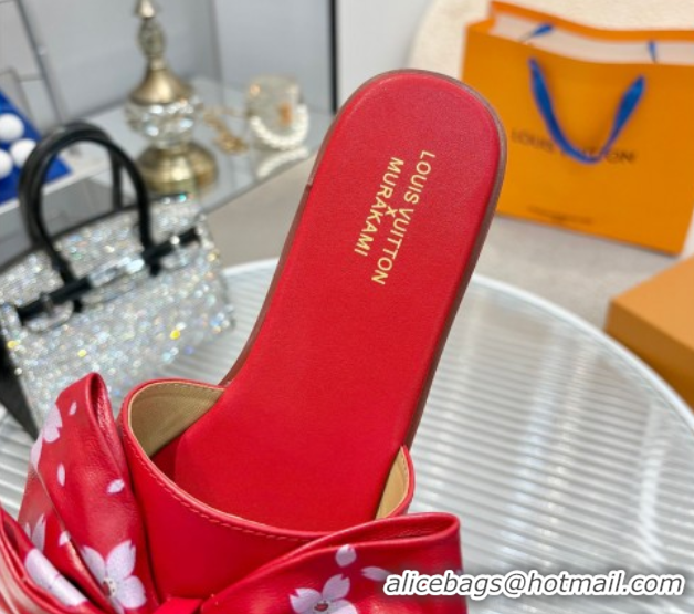Shop Cheap Louis Vuitton LV x TM Lily Flat Slides Sandal with Bow in Cherry Bloom Print Leather Red 1AGVYB