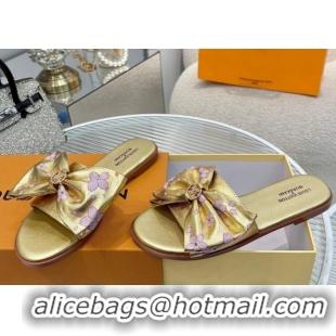 Grade Quality Louis Vuitton LV x TM Lily Flat Slides Sandal with Bow in Cherry Bloom Print Leather Gold 1AGVYB