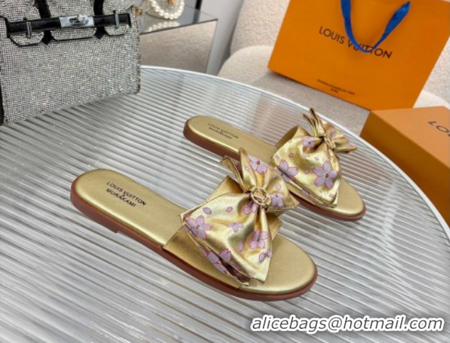 Grade Quality Louis Vuitton LV x TM Lily Flat Slides Sandal with Bow in Cherry Bloom Print Leather Gold 1AGVYB