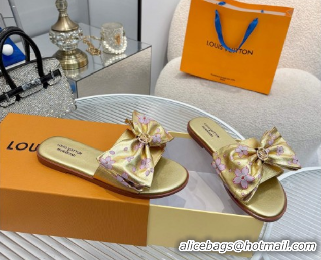 Grade Quality Louis Vuitton LV x TM Lily Flat Slides Sandal with Bow in Cherry Bloom Print Leather Gold 1AGVYB