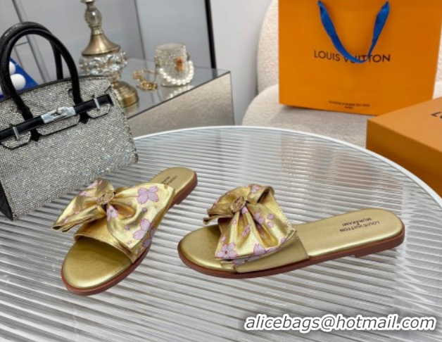 Grade Quality Louis Vuitton LV x TM Lily Flat Slides Sandal with Bow in Cherry Bloom Print Leather Gold 1AGVYB
