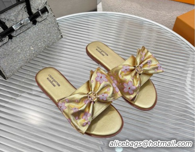 Grade Quality Louis Vuitton LV x TM Lily Flat Slides Sandal with Bow in Cherry Bloom Print Leather Gold 1AGVYB