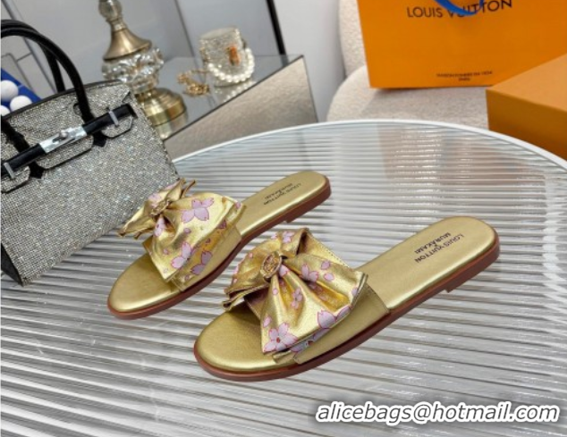 Grade Quality Louis Vuitton LV x TM Lily Flat Slides Sandal with Bow in Cherry Bloom Print Leather Gold 1AGVYB