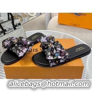 Luxury Louis Vuitton LV x TM Lily Flat Slides Sandal with Bow in Cherry Bloom Print Monogram Canvas Black 1AGVYB