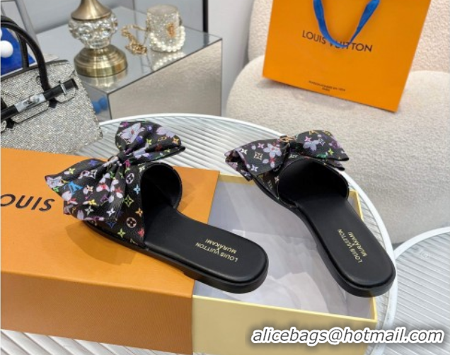 Luxury Louis Vuitton LV x TM Lily Flat Slides Sandal with Bow in Cherry Bloom Print Monogram Canvas Black 1AGVYB