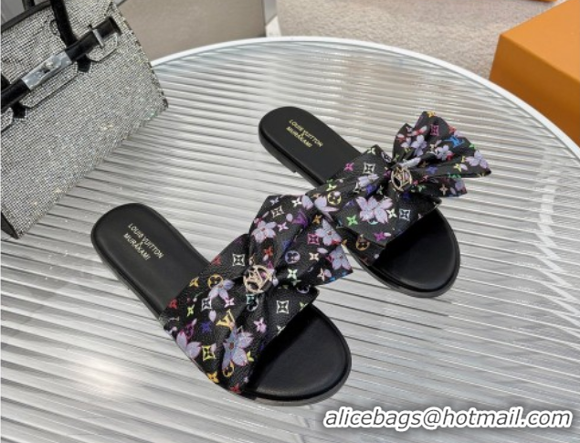 Luxury Louis Vuitton LV x TM Lily Flat Slides Sandal with Bow in Cherry Bloom Print Monogram Canvas Black 1AGVYB