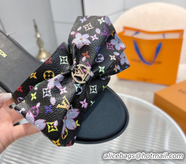 Luxury Louis Vuitton LV x TM Lily Flat Slides Sandal with Bow in Cherry Bloom Print Monogram Canvas Black 1AGVYB