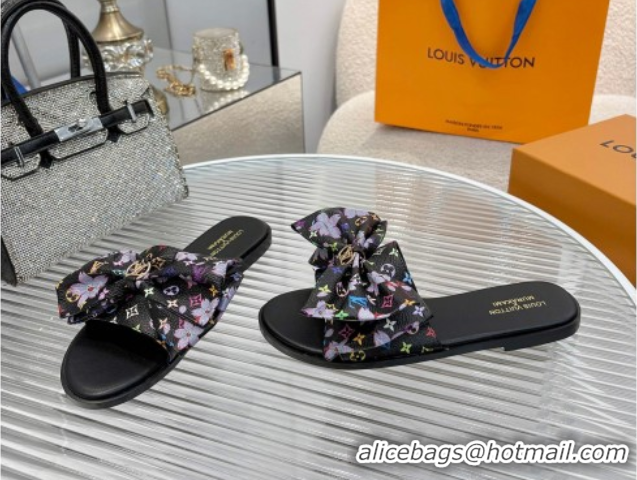 Luxury Louis Vuitton LV x TM Lily Flat Slides Sandal with Bow in Cherry Bloom Print Monogram Canvas Black 1AGVYB